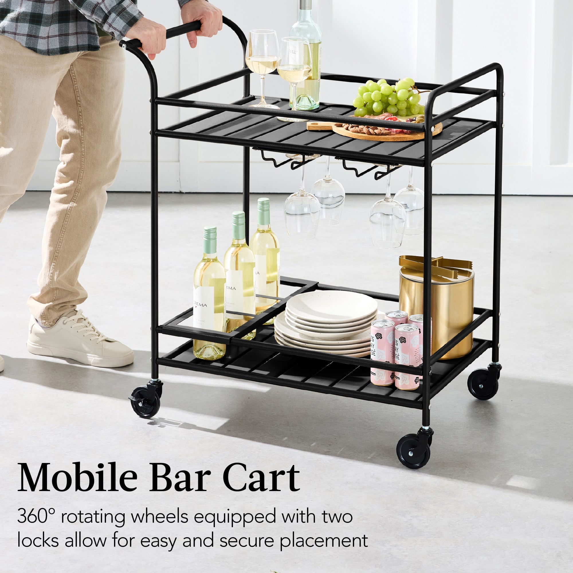 2-Tier Rolling Bar Cart Indoor/Outdoor w/ Shelves, Wine Rack, Locking Wheels
