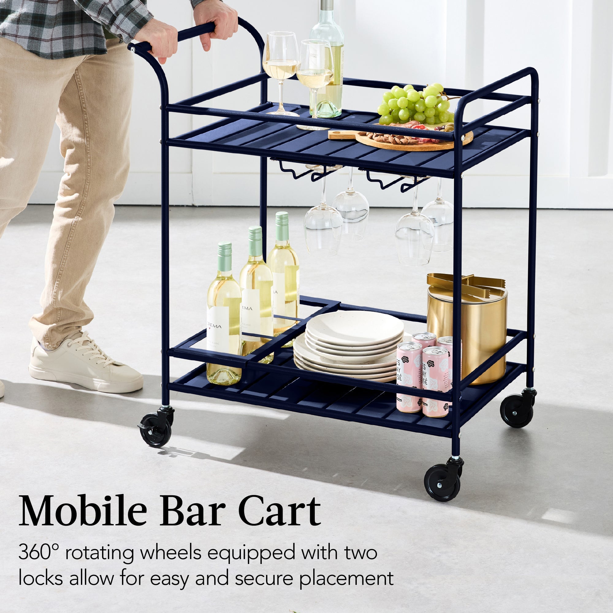 2-Tier Rolling Bar Cart Indoor/Outdoor w/ Shelves, Wine Rack, Locking Wheels