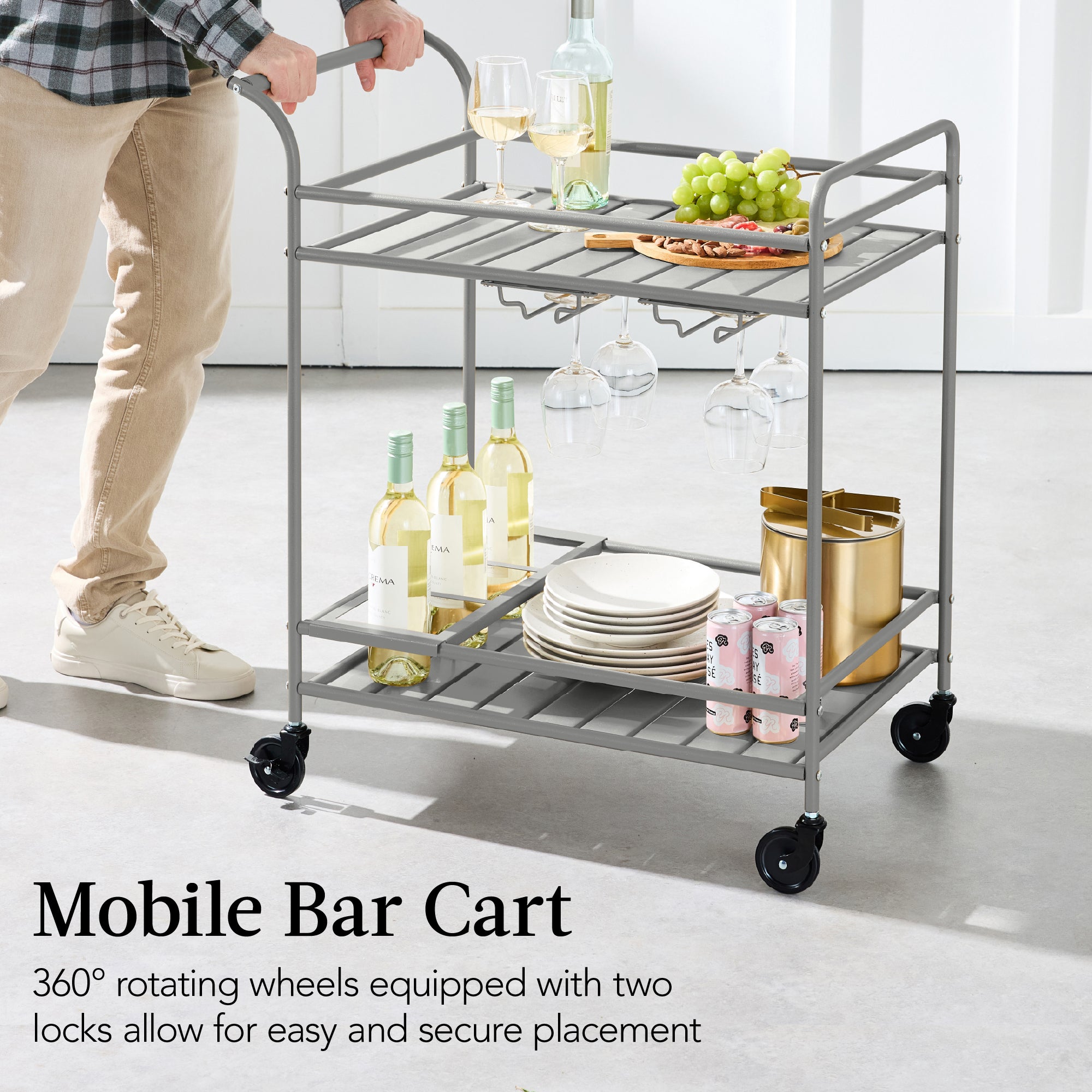2-Tier Rolling Bar Cart Indoor/Outdoor w/ Shelves, Wine Rack, Locking Wheels