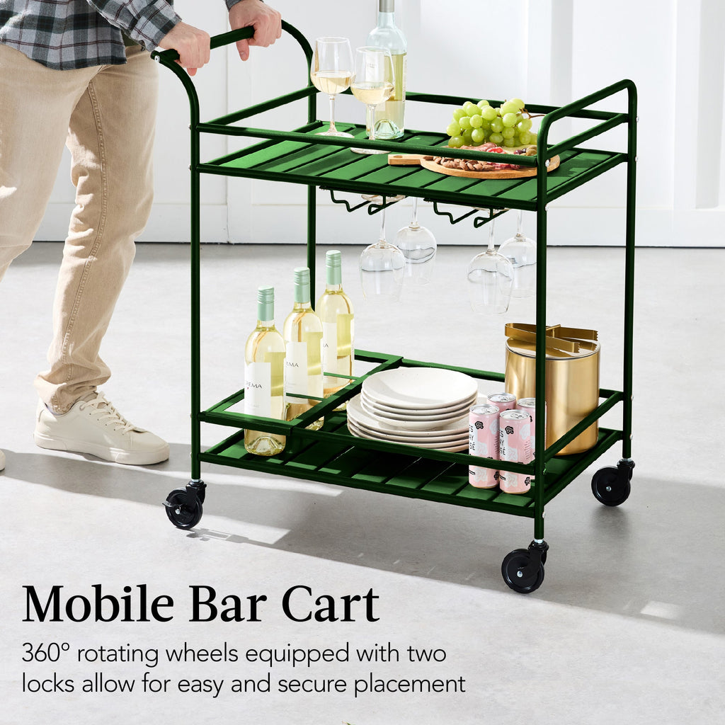2-Tier Rolling Bar Cart Indoor/Outdoor w/ Shelves, Wine Rack, Locking Wheels