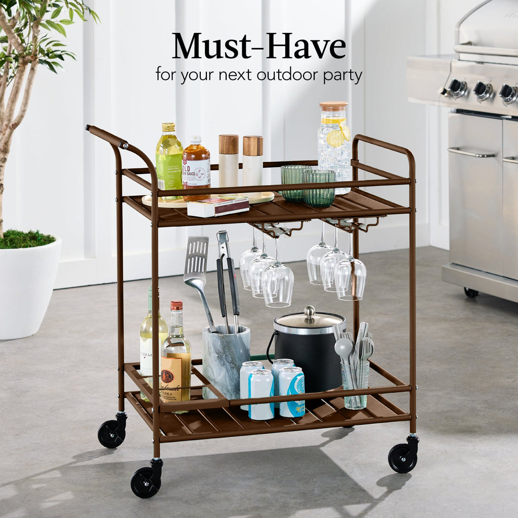 2-Tier Rolling Bar Cart Indoor/Outdoor w/ Shelves, Wine Rack, Locking Wheels
