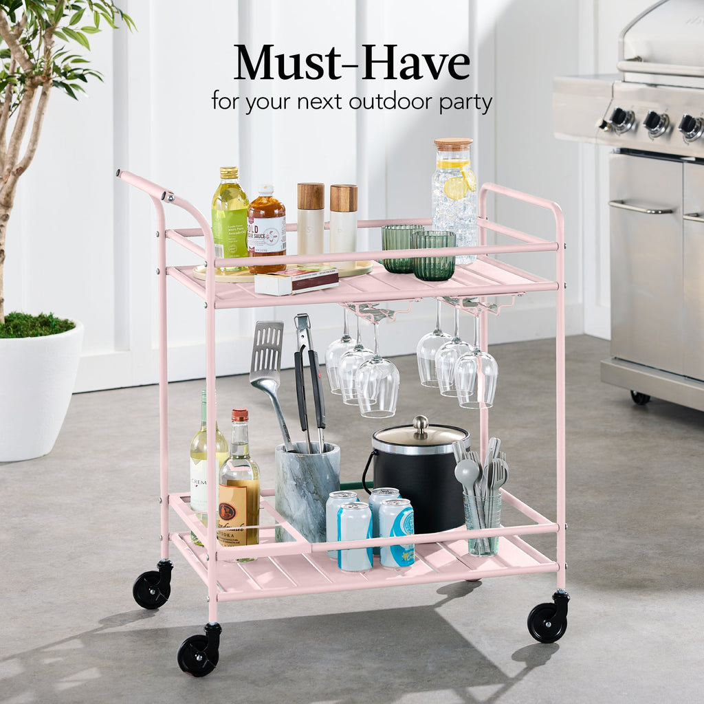 2-Tier Rolling Bar Cart Indoor/Outdoor w/ Shelves, Wine Rack, Locking Wheels