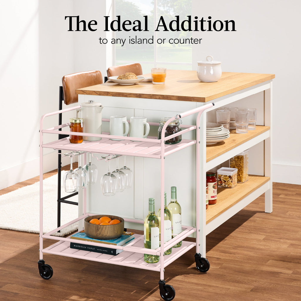 2-Tier Rolling Bar Cart Indoor/Outdoor w/ Shelves, Wine Rack, Locking Wheels