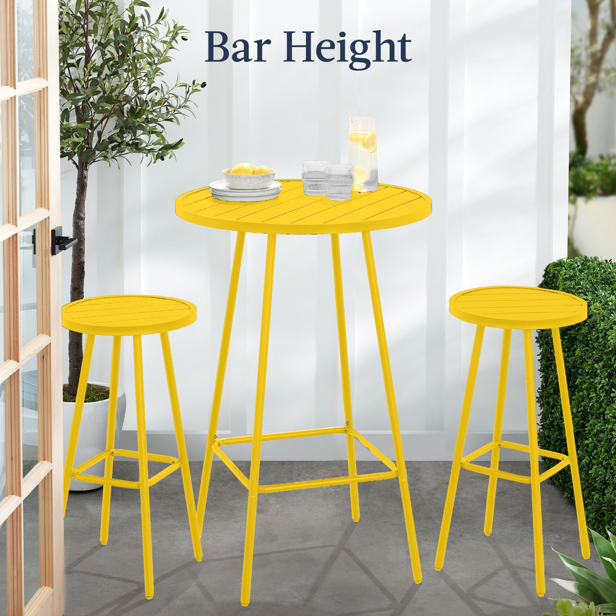 3-Piece Patio Bar Height Bistro Set w/ Backless Stools, Slatted Design