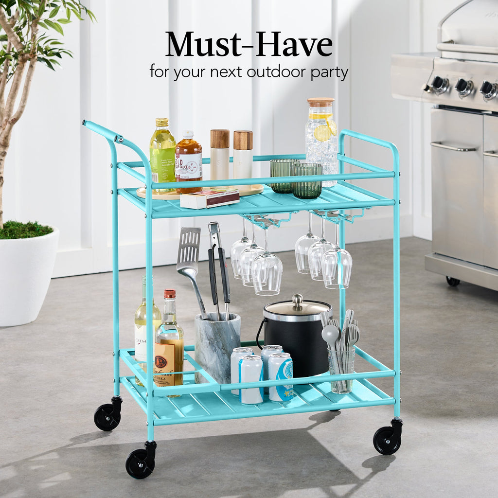 2-Tier Rolling Bar Cart Indoor/Outdoor w/ Shelves, Wine Rack, Locking Wheels