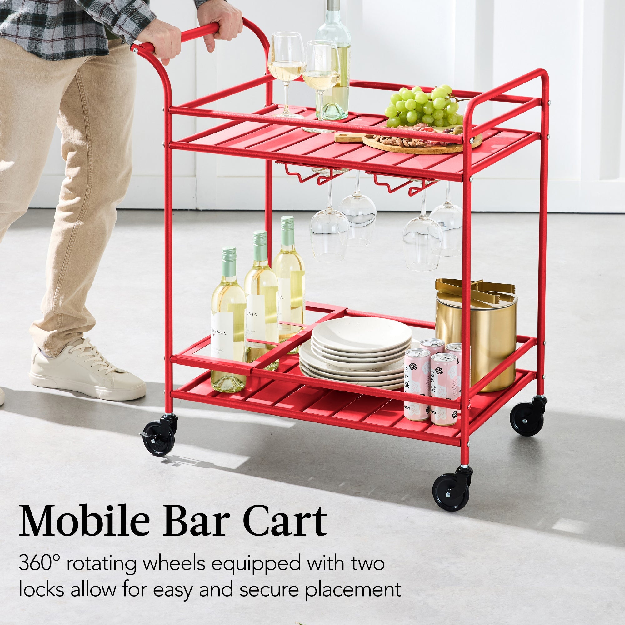 2-Tier Rolling Bar Cart Indoor/Outdoor w/ Shelves, Wine Rack, Locking Wheels