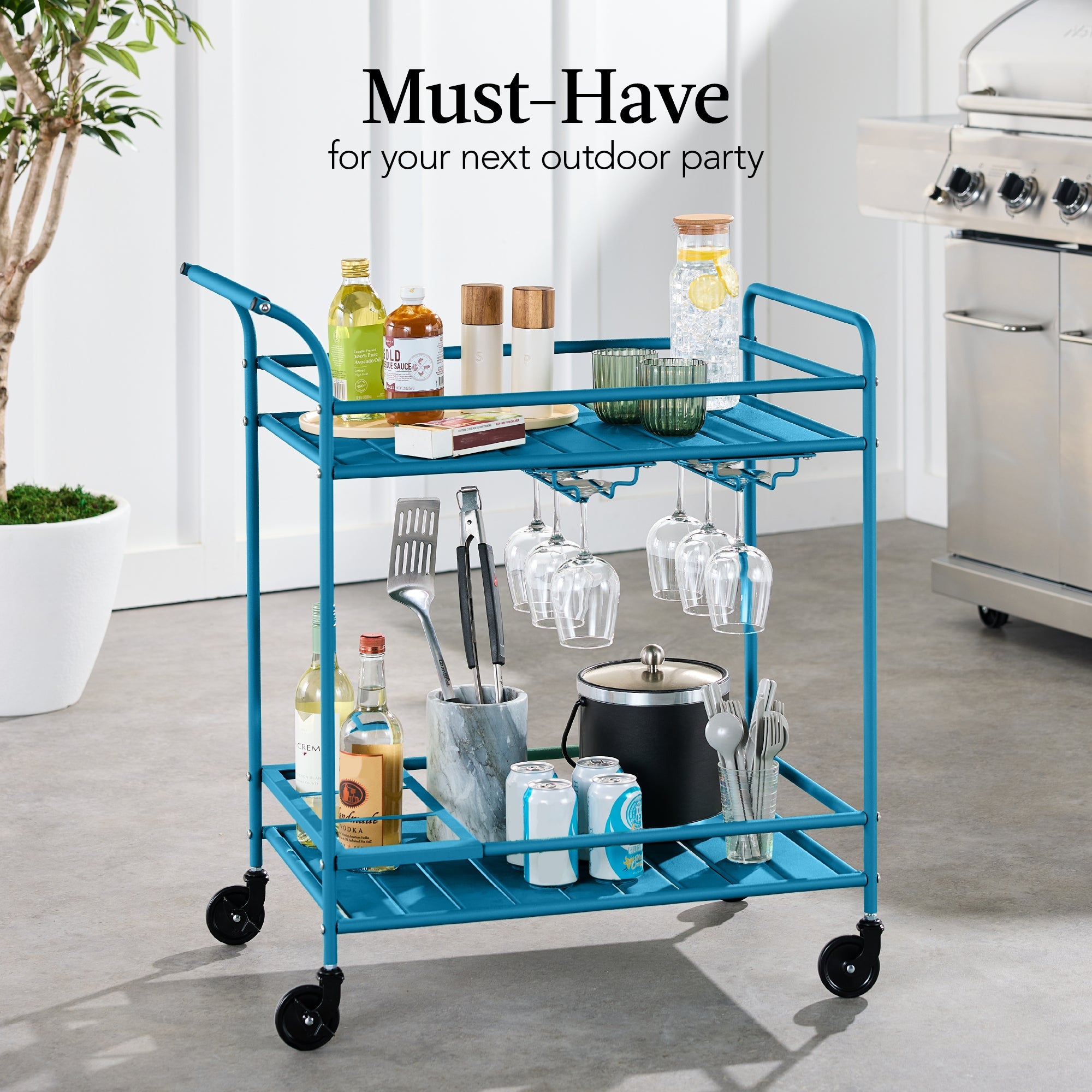 2-Tier Rolling Bar Cart Indoor/Outdoor w/ Shelves, Wine Rack, Locking Wheels