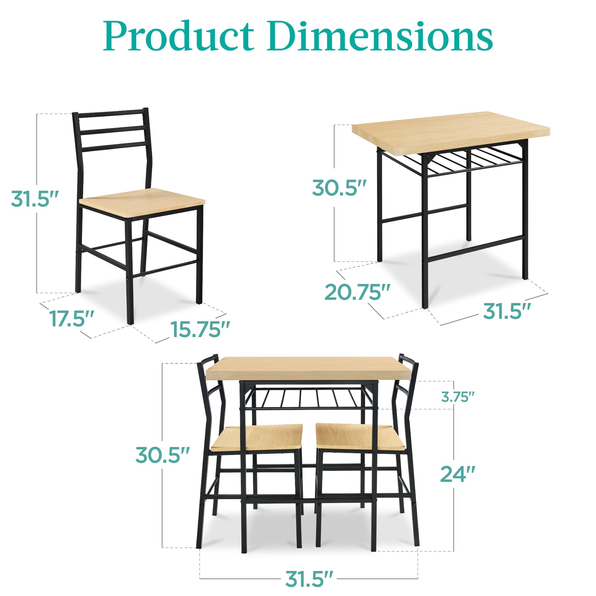 3-Piece Modern Square Dining Set w/ Storage Rack