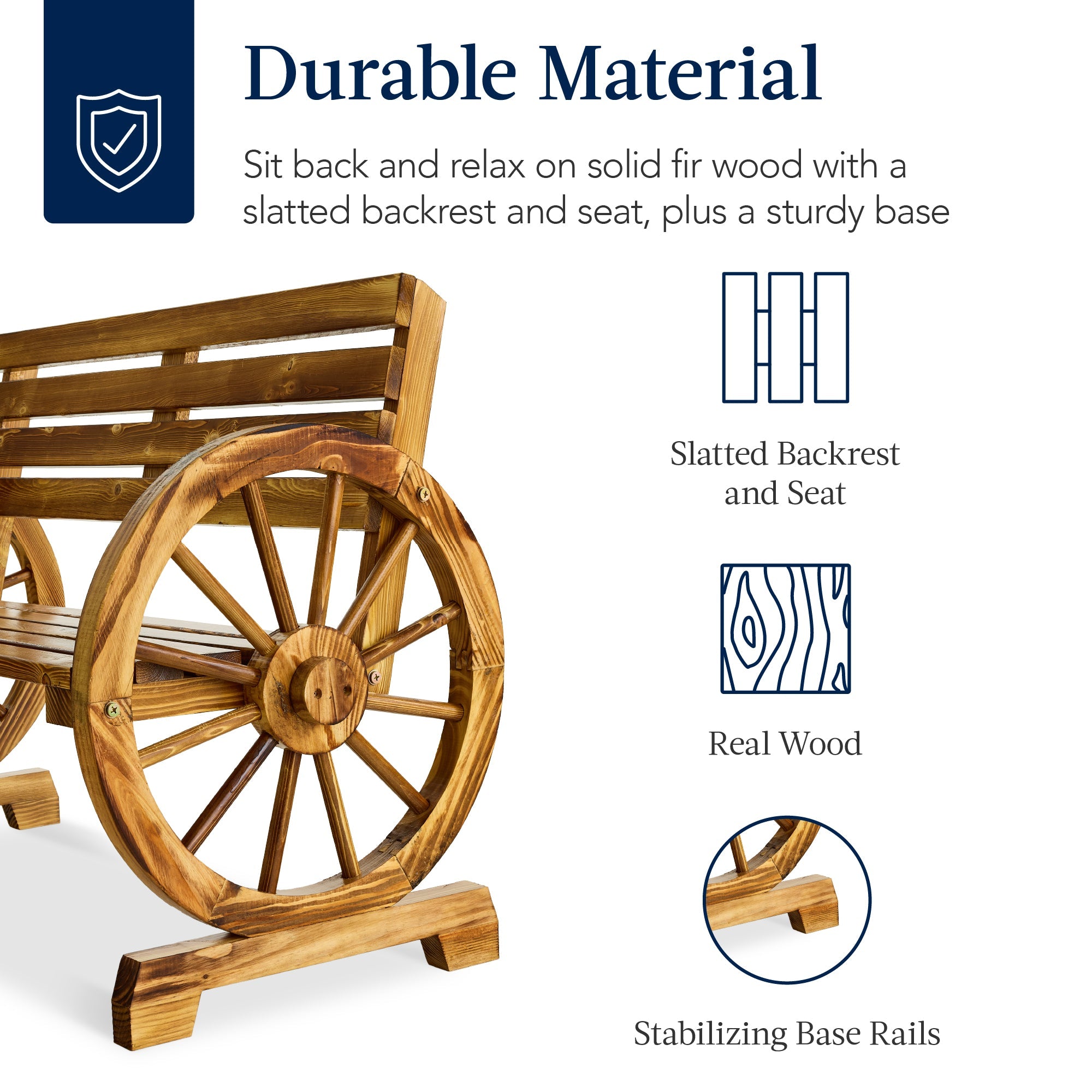 2-Person Rustic Wooden Wagon Wheel Bench w/ Slatted Seat and Backrest