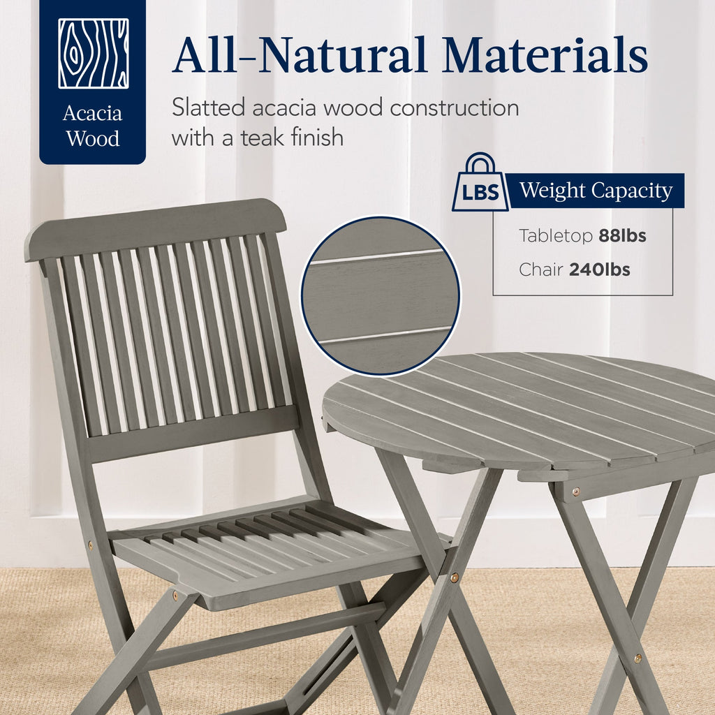 3-Piece Acacia Wood Bistro Set w/ Folding Table, 2 Chairs