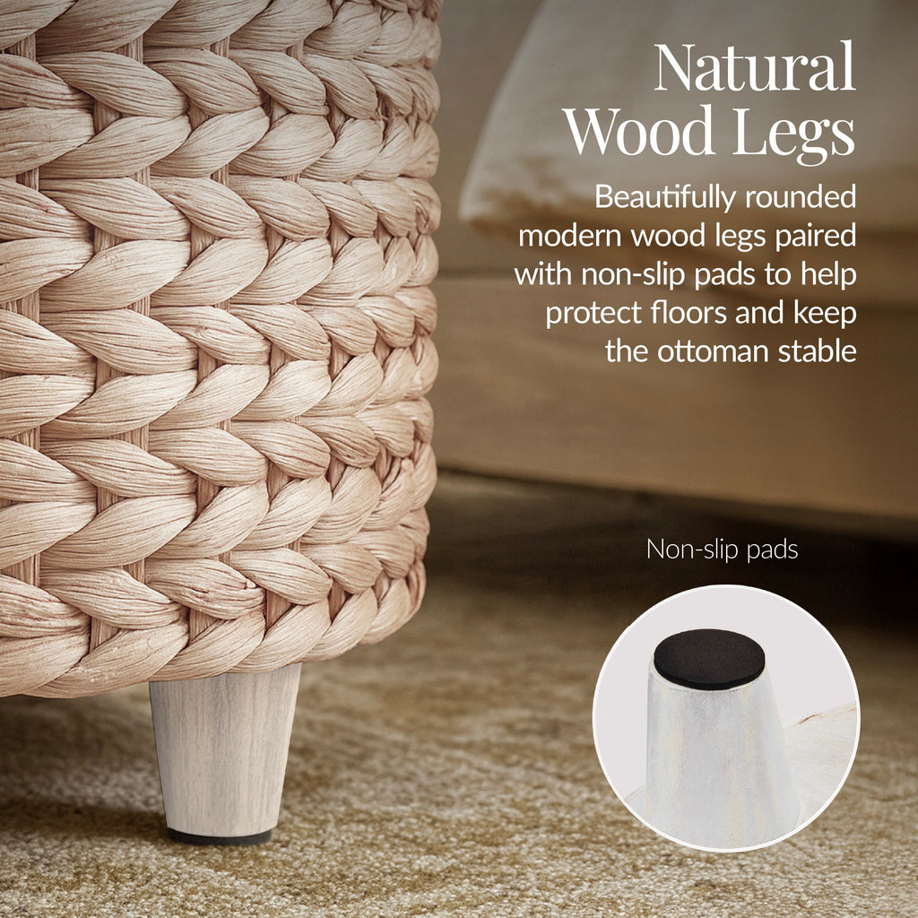 17" Round Storage Ottoman with Lid, Handwoven Water Hyacinth Footstool