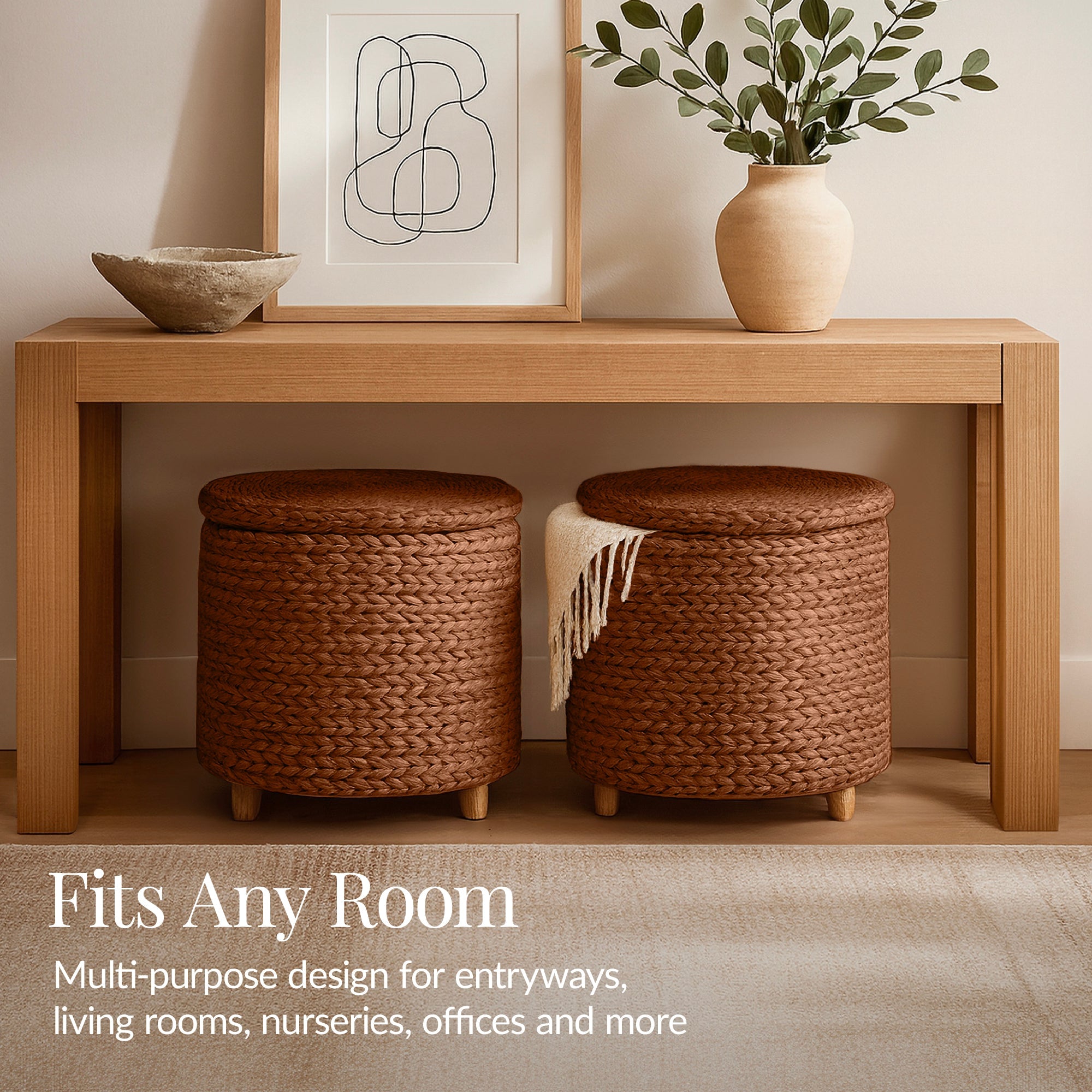 17" Round Storage Ottoman with Lid, Handwoven Water Hyacinth Footstool