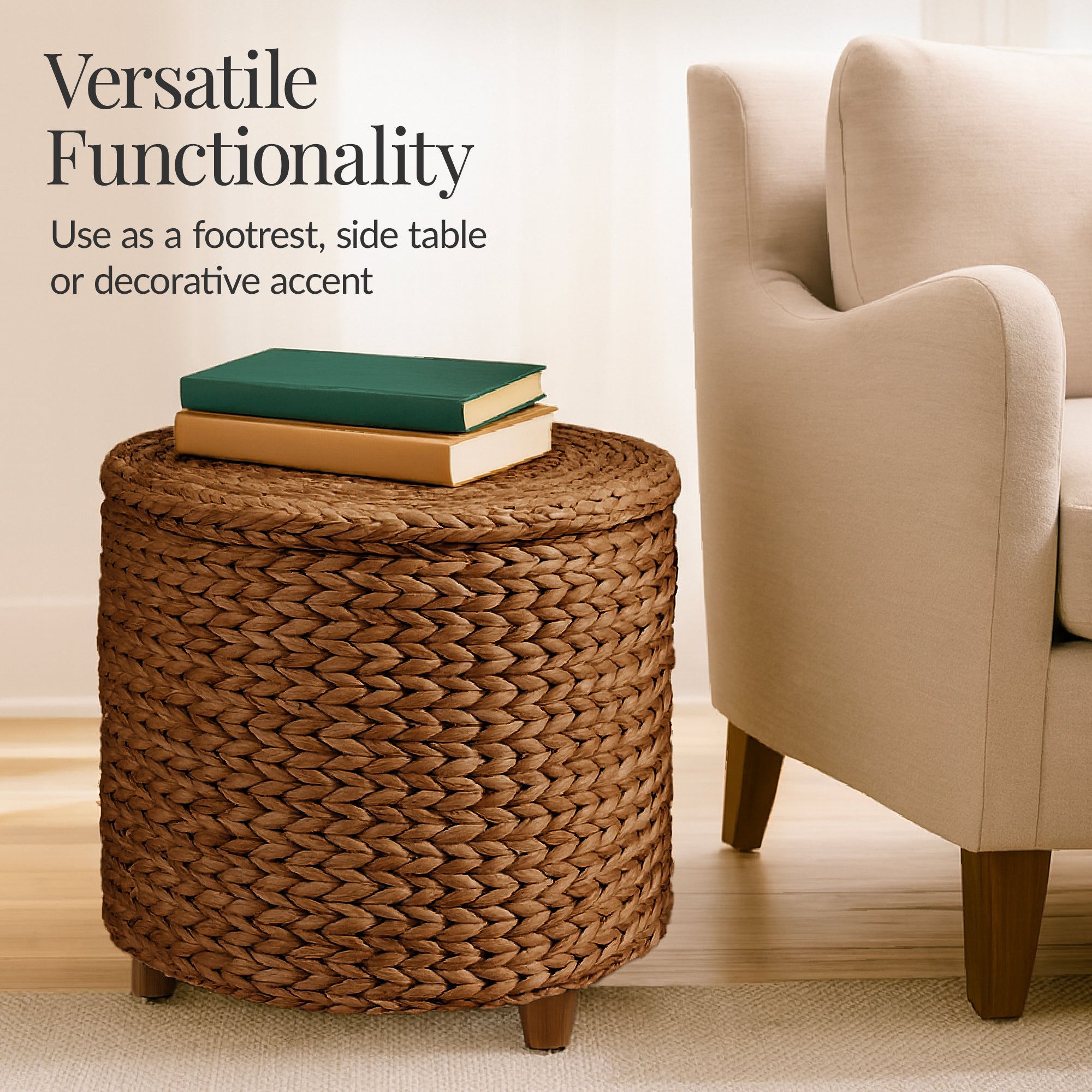 17" Round Storage Ottoman with Lid, Handwoven Water Hyacinth Footstool