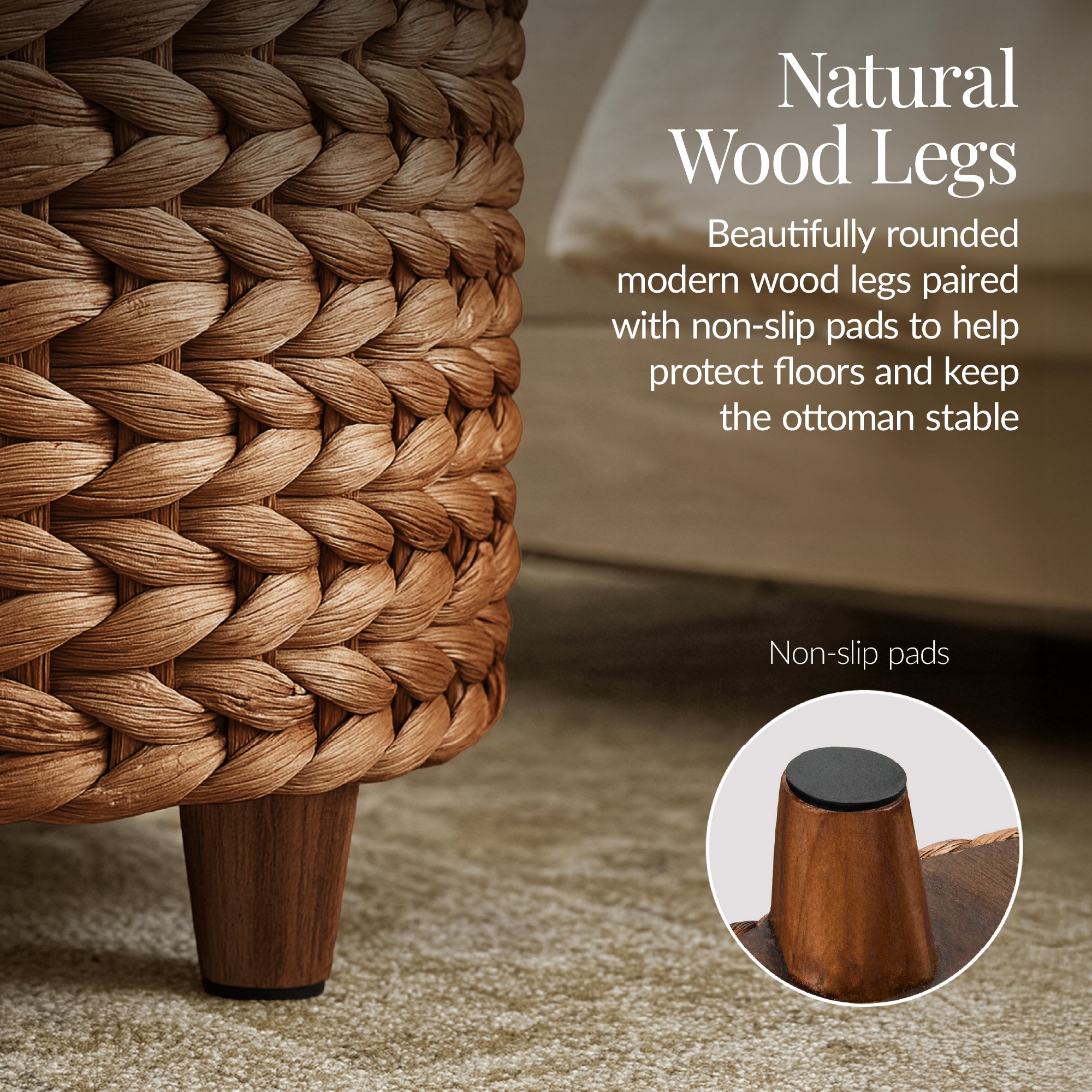 17" Round Storage Ottoman with Lid, Handwoven Water Hyacinth Footstool