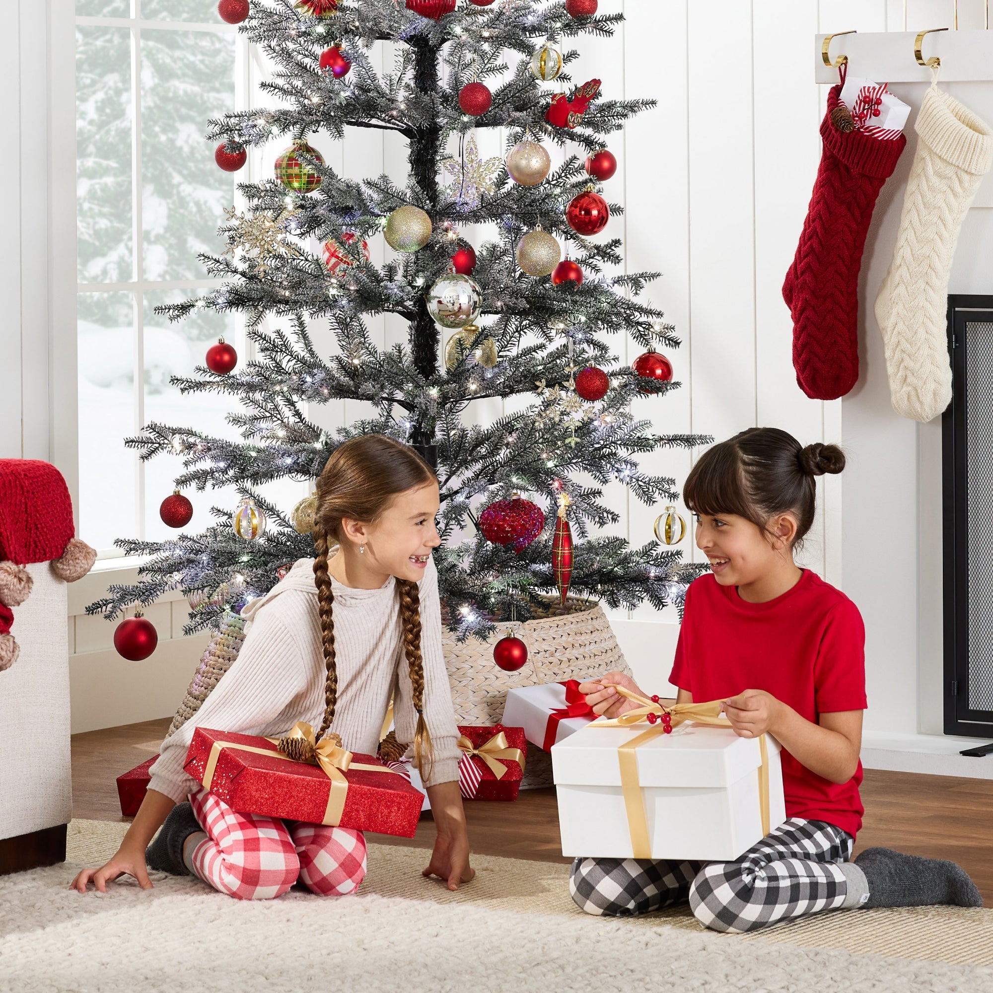 Black Pre-Lit Sparse Flocked Christmas Tree w/ 2-in-1 LEDs, Cordless Connection